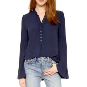 Free people easy girl bell sleeve blouse button front casual navy blue XS